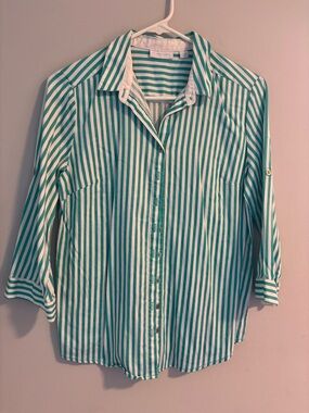 New York & Company Teal and White Striped Button-Down Shirt